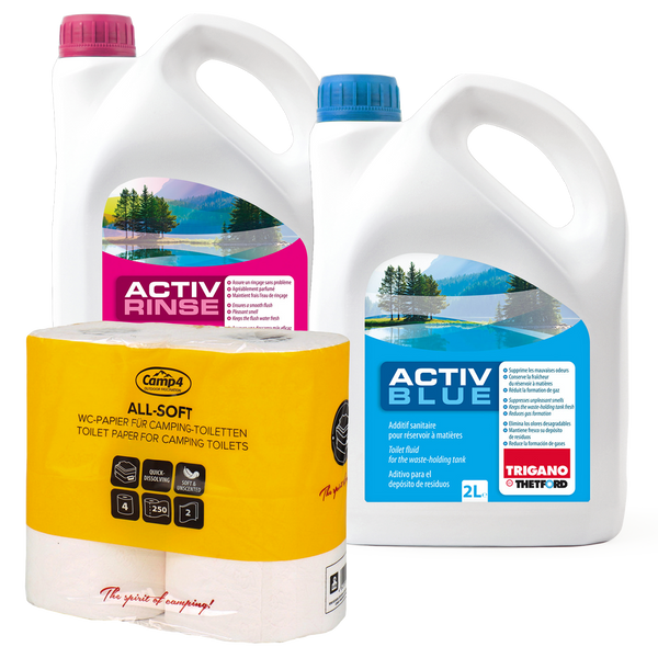 Set Thetford Activ Blue & Activ Rinse Toiletten Zusatz je 2 Liter + All Soft