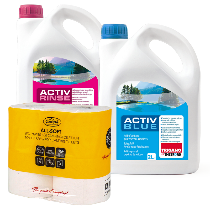Set Thetford Activ Blue & Activ Rinse Toiletten Zusatz je 2 Liter + All Soft