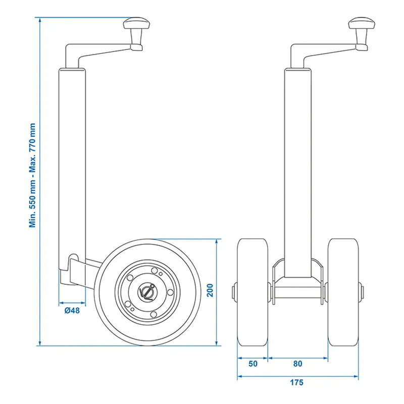 Doppelstützrad mit Vollgummireifen Stützrad 48mm 200x50mm Anhänger Bugrad