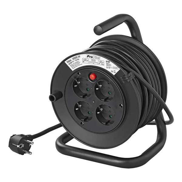 Kabeltrommel 15m Schuko 4-fach 3x1,5mm², Verlängerungskabel mit 4 Steckdosen