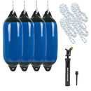 8x Fender blau groß mit Pumpe und 8x Fenderleine – Genau das passende Bootszubehör, um sicher in den Hafen einzulaufen.