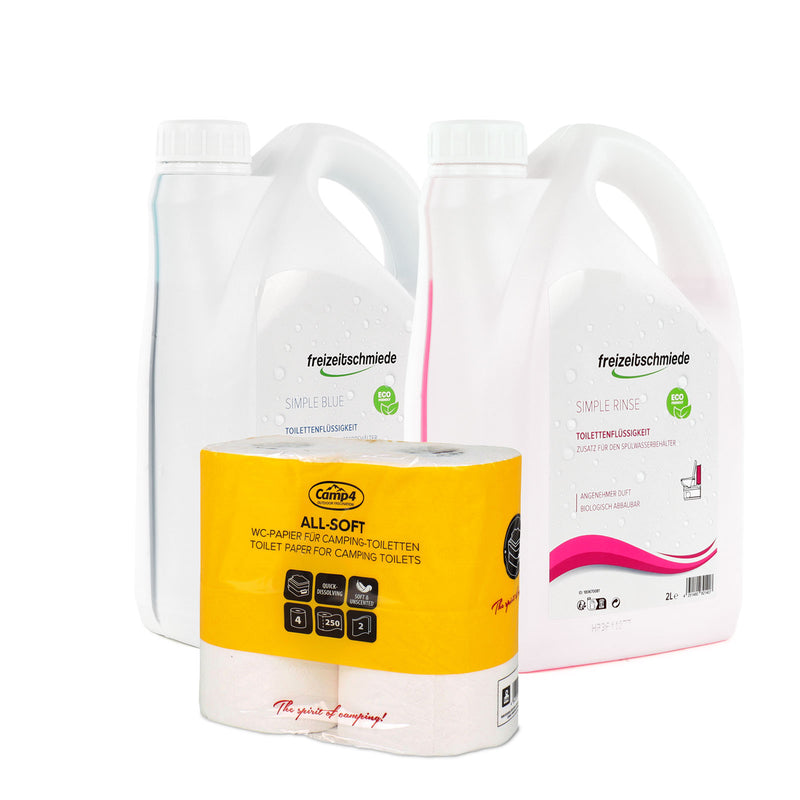 Freizeitschmiede Set Sanitärzusatz Simple Blue & Rinse & All Soft Toilettenpapier